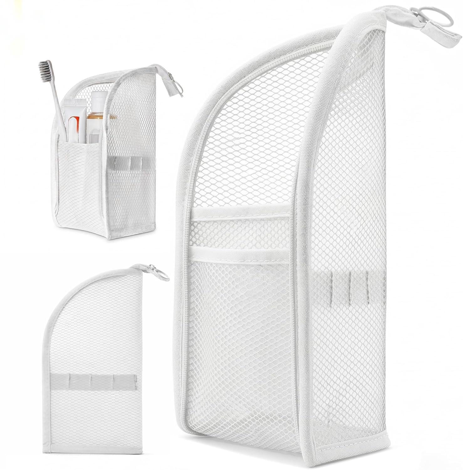 DomesticEdge front view of standing toiletry bag showing upright profile and compact benefit