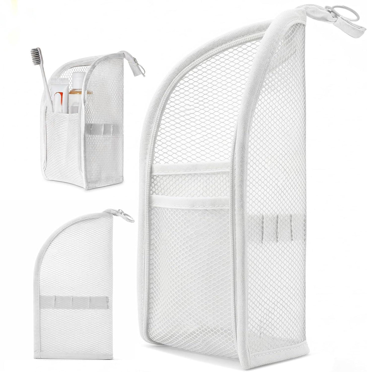 DomesticEdge front view of standing toiletry bag showing upright profile and compact benefit