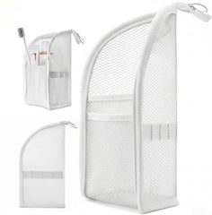 DomesticEdge front view of standing toiletry bag showing upright profile and compact benefit