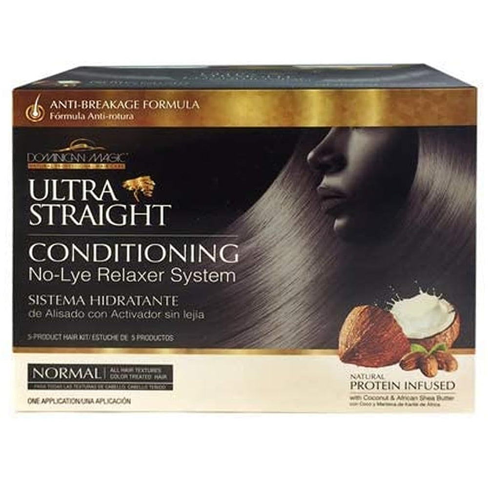 DOMINICAN MAGIC front packaging showing product and benefit of salon-grade smoothing