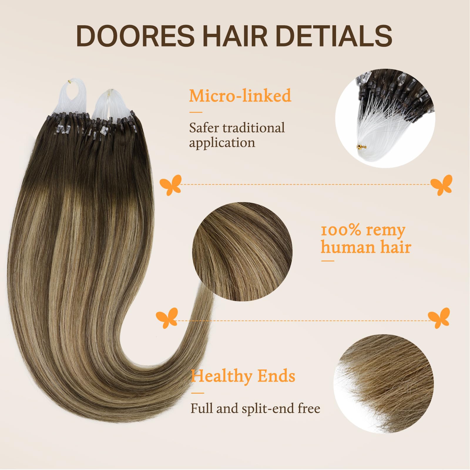 DOORES hair strand texture close-up showing intact cuticles and smooth, tangle-free finish