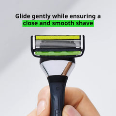 DORCO cartridge close-up revealing six blades for a closer, efficient shave