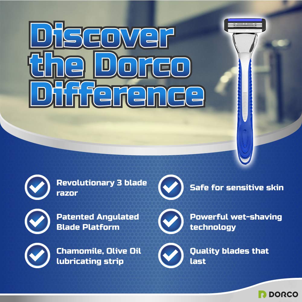 Person shaving in mirror with DORCO Pace 3 demonstrating comfortable, efficient shave