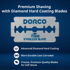 DORCO blade loaded in safety razor demonstrating universal fit benefit