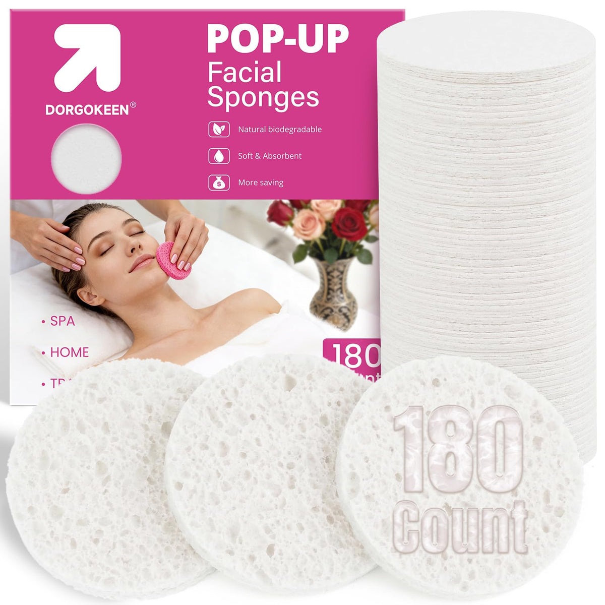 DORGOKEEN front packaging showing 180-count eco-friendly sponges and value pack benefit