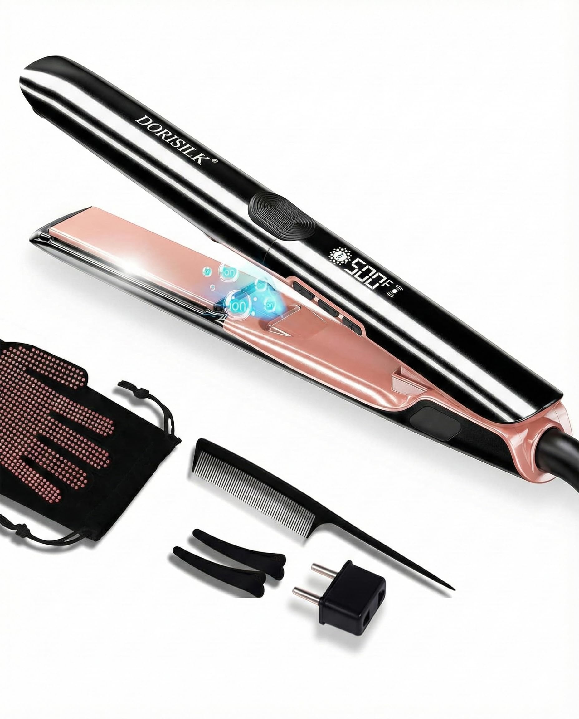 DORISILK flat iron front view showing sleek design and fast professional heat