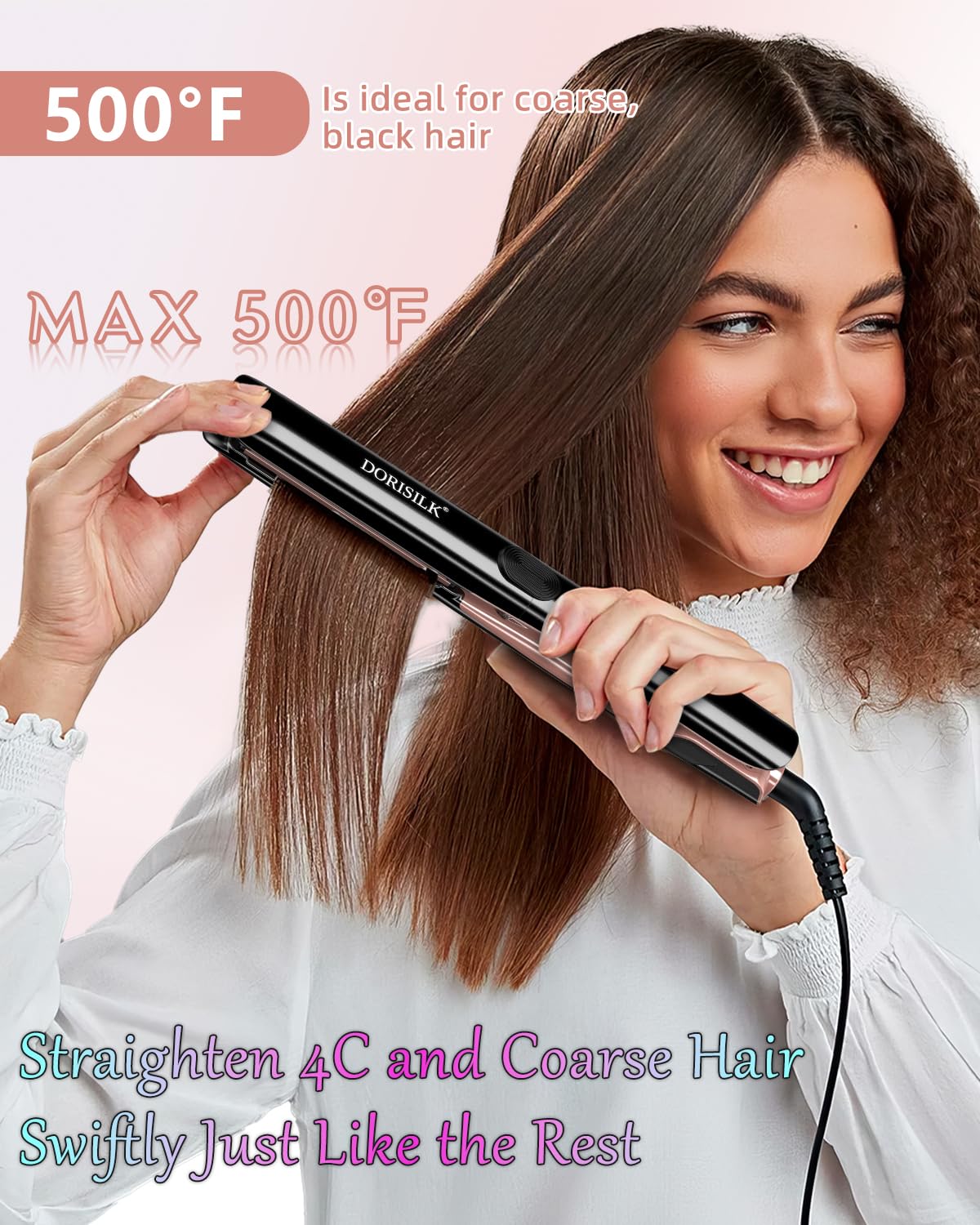 DORISILK flat iron in hand showing size and ergonomic grip benefit