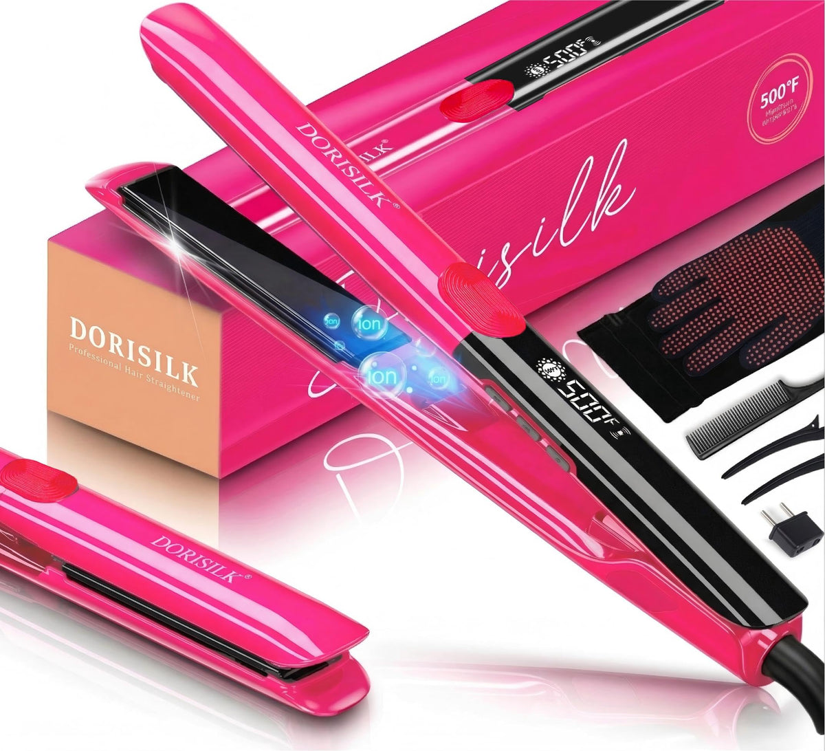 DORISILK front view hot pink flat iron showing sleek design and professional finish