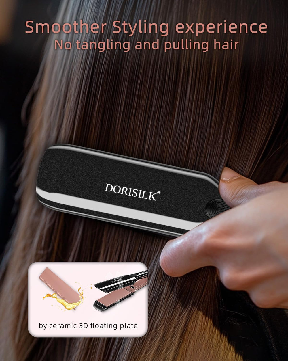 DORISILK on bathroom vanity showing travel-ready dual-voltage benefit