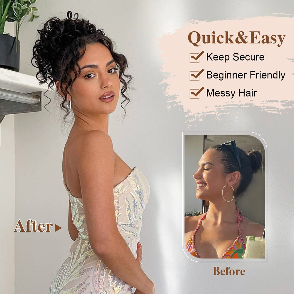 DOROJJ model wearing high curly ponytail demonstrating volume and instant glamour