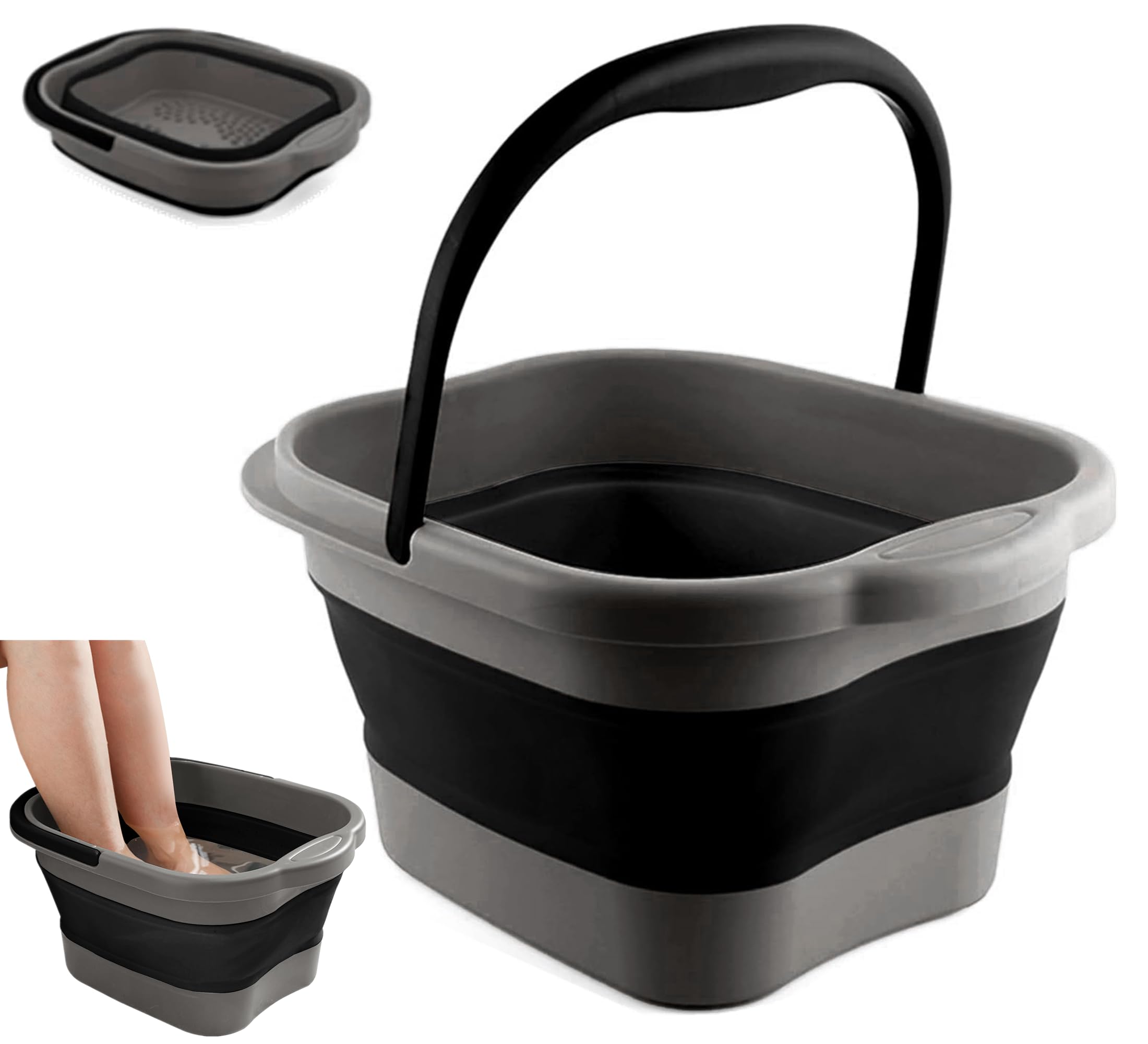 DoroSun front view of black collapsible foot tub showing full basin benefit