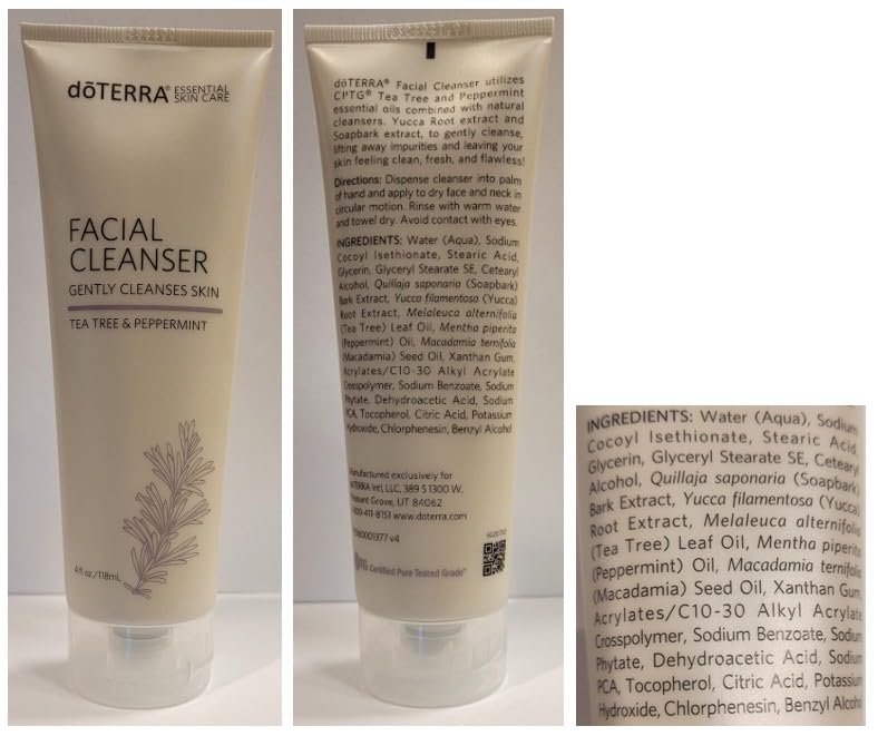 doTERRA facial cleanser label close-up showing ingredients and usage directions