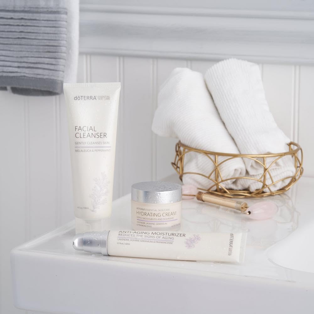 doTERRA facial cleanser on bathroom sink illustrating daily skincare routine