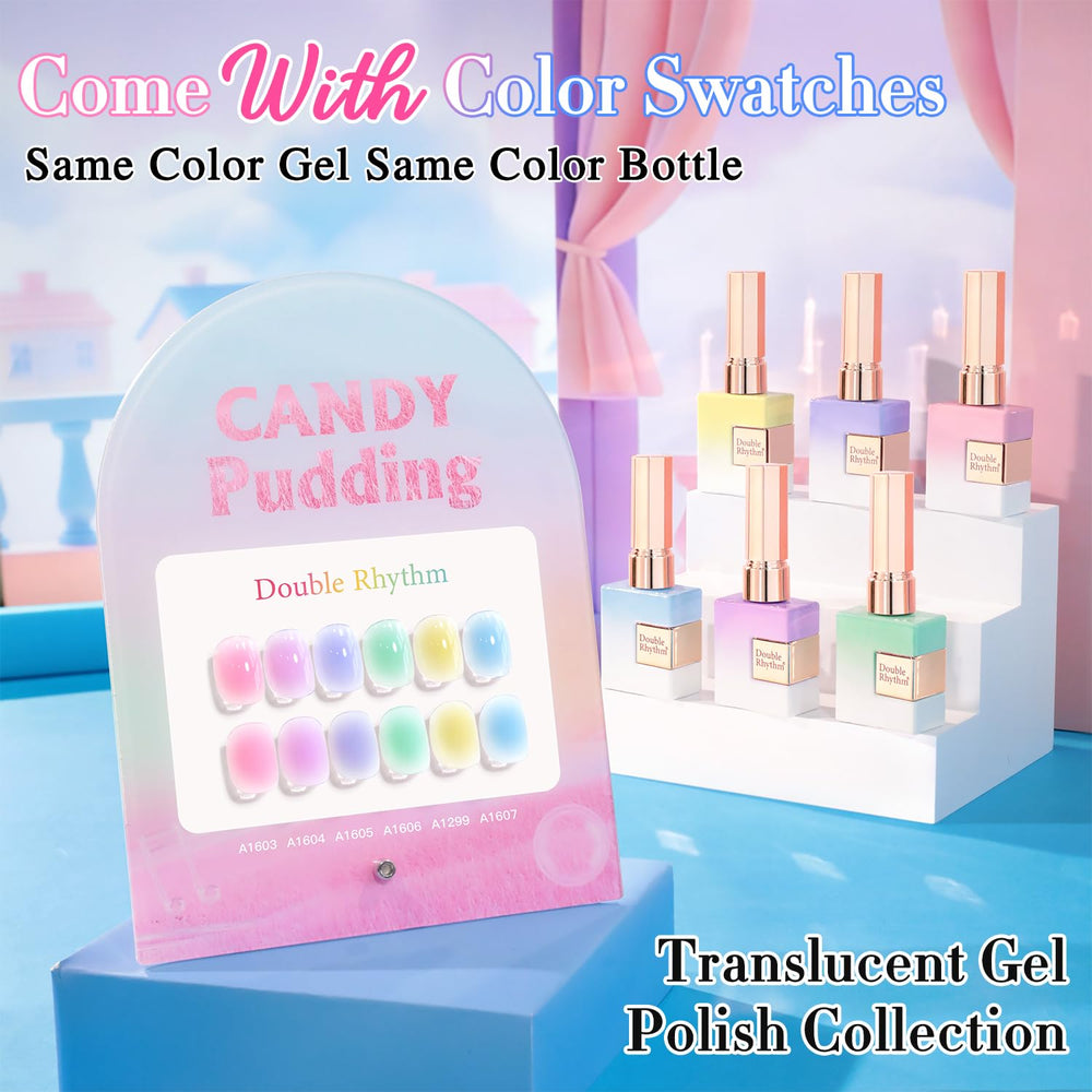 Double Rhythm bottles lined up displaying jelly pink purple green yellow blue