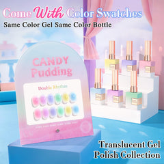 Double Rhythm bottles lined up displaying jelly pink purple green yellow blue