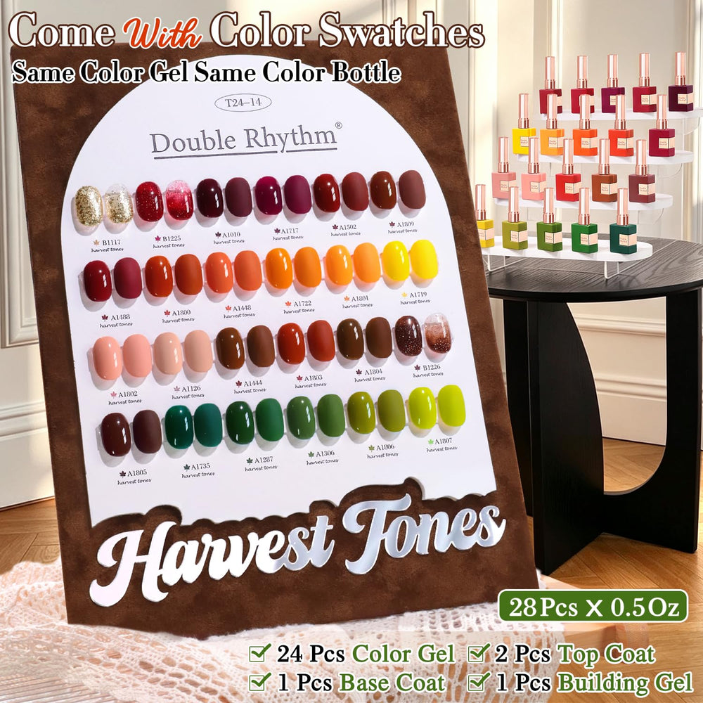 Double Rhythm color array flatlay displaying 24 seasonal gel shades for creative looks