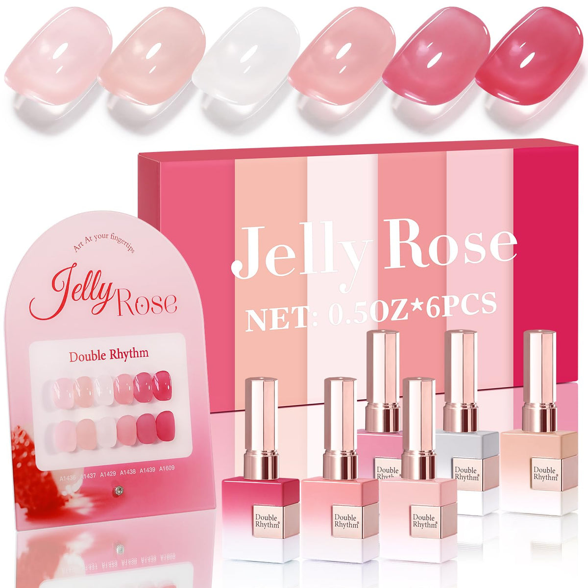 Double Rhythm front view of six 15ml bottles showing milky pink and nude shades for consistent palettes