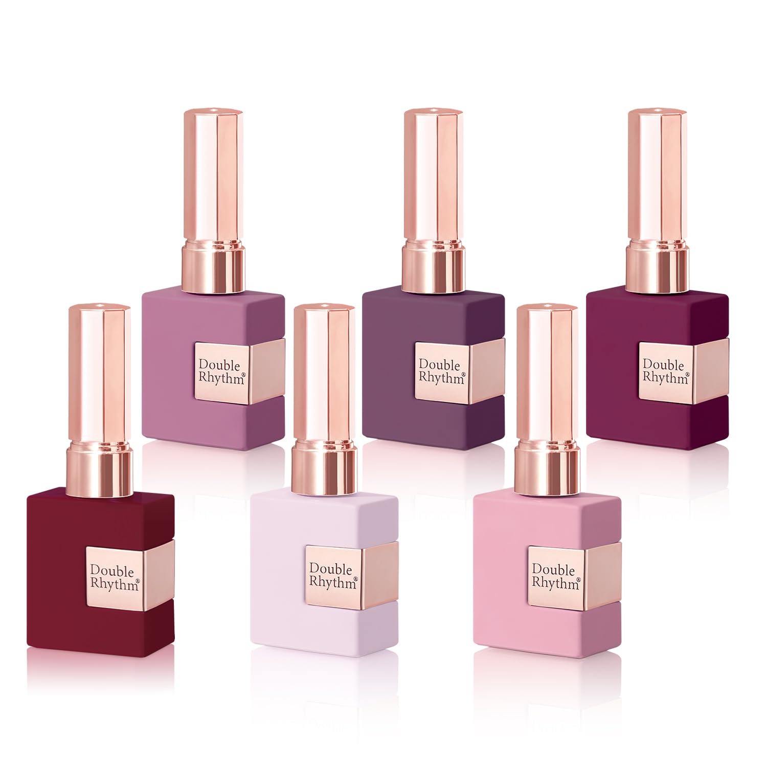 Double Rhythm front packaging showing six 15ml bottles and polished nails