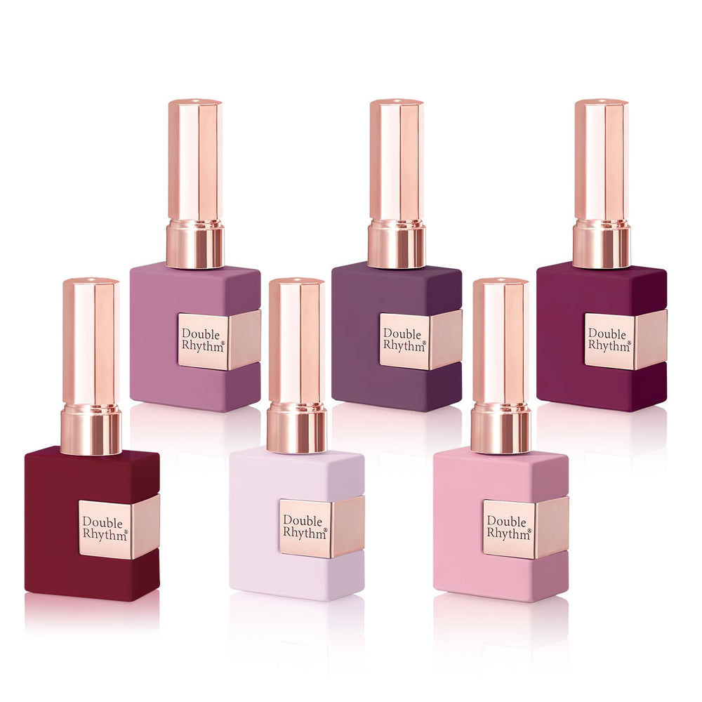 Double Rhythm front packaging showing six 15ml bottles and polished nails