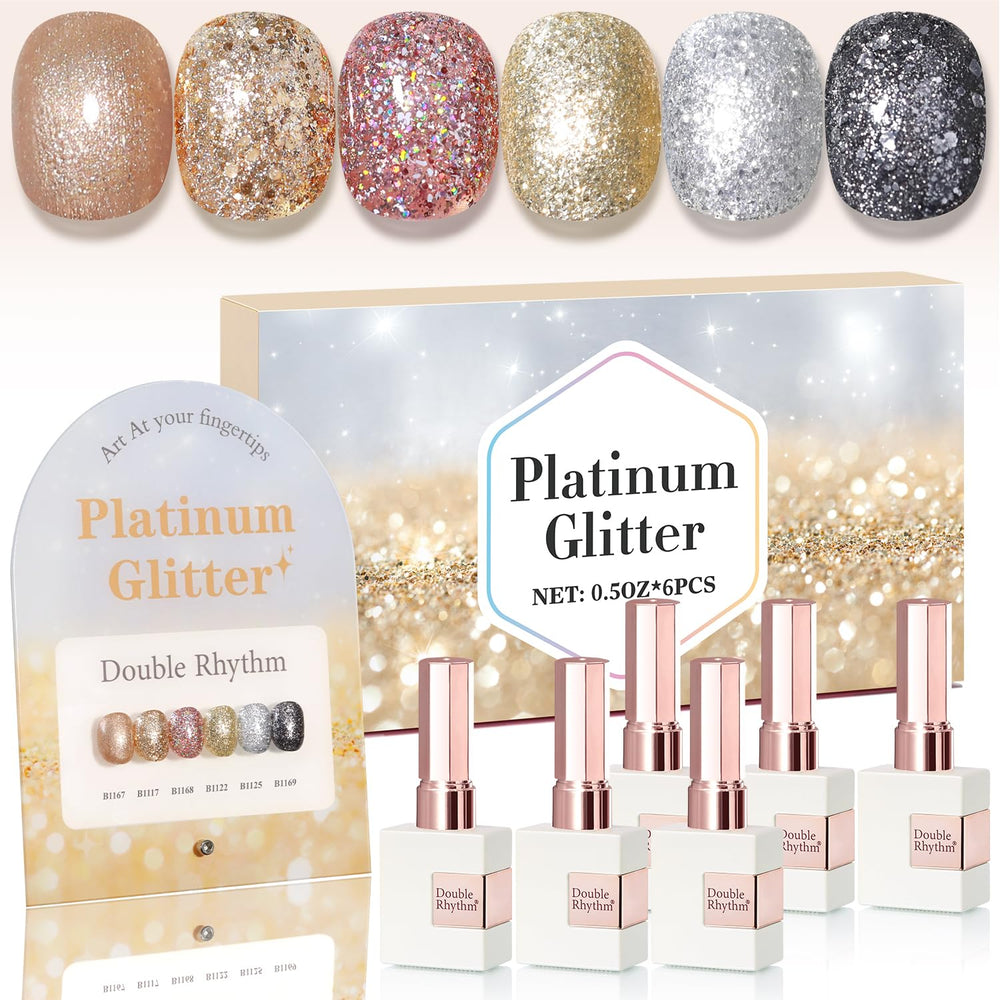 Double Rhythm front packaging showing six 15ml glitter gel bottles and swatches for easy selection