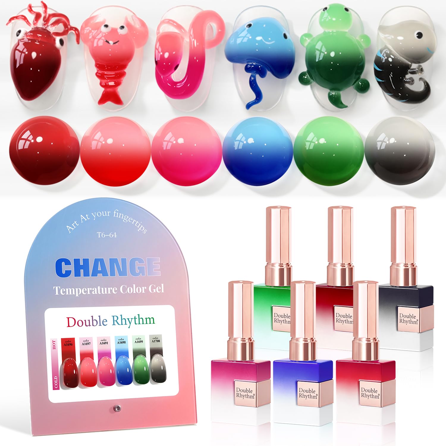 Double Rhythm front packaging showing six identical color-changing bottles and benefits