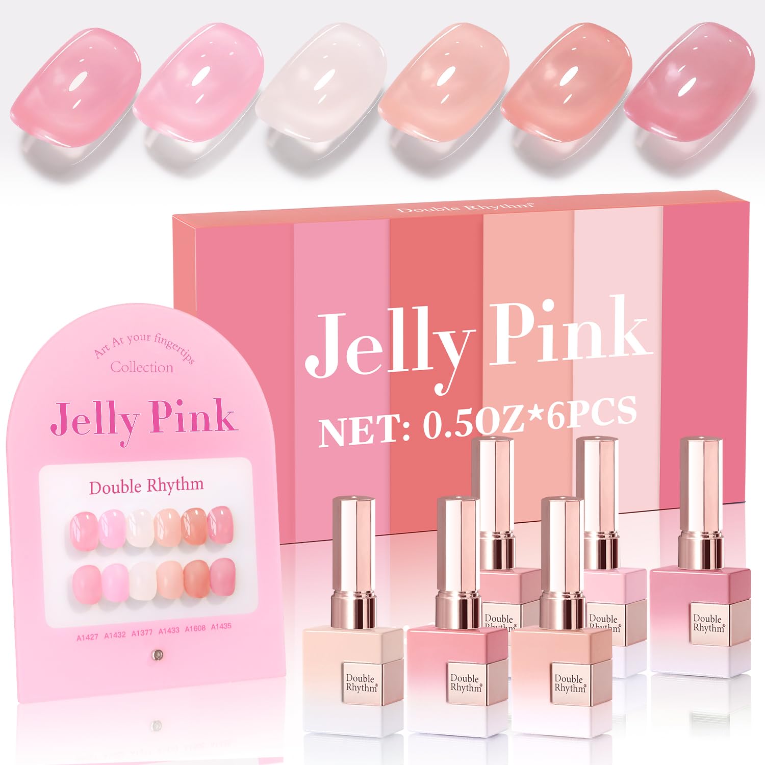Double Rhythm front packaging showing six matching gel polish bottles and benefits