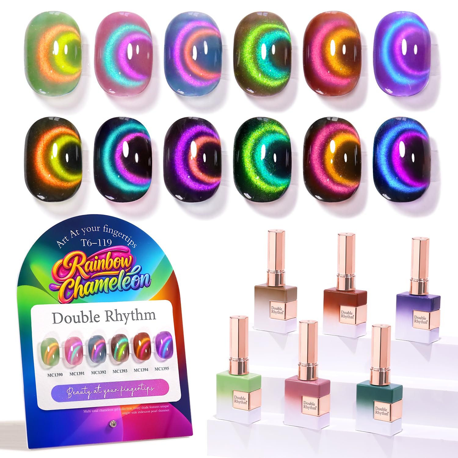 Double Rhythm front packaging showing six identical cat-eye bottles and swatches for gift appeal