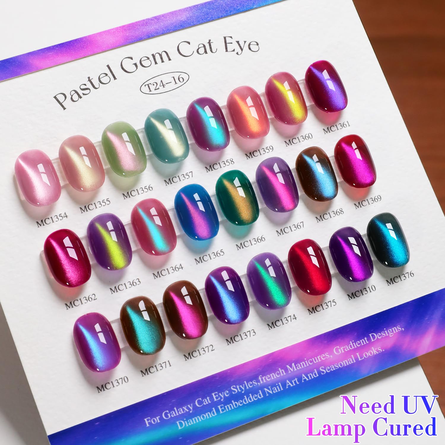 Double Rhythm nail swatch fan displaying 24 cat-eye shades for selection