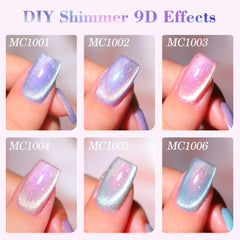 Double Rhythm swatches on a nail wheel displaying six holographic colors for selection