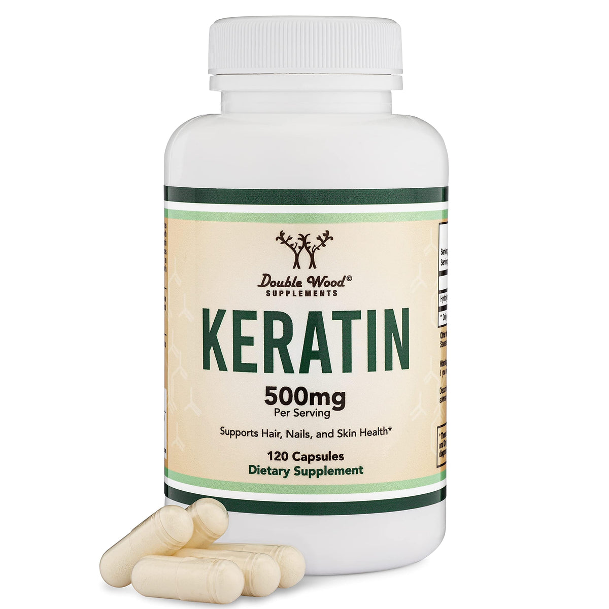 Double Wood bottle front view showing keratin 500 mg and 120 capsules, clear product benefits