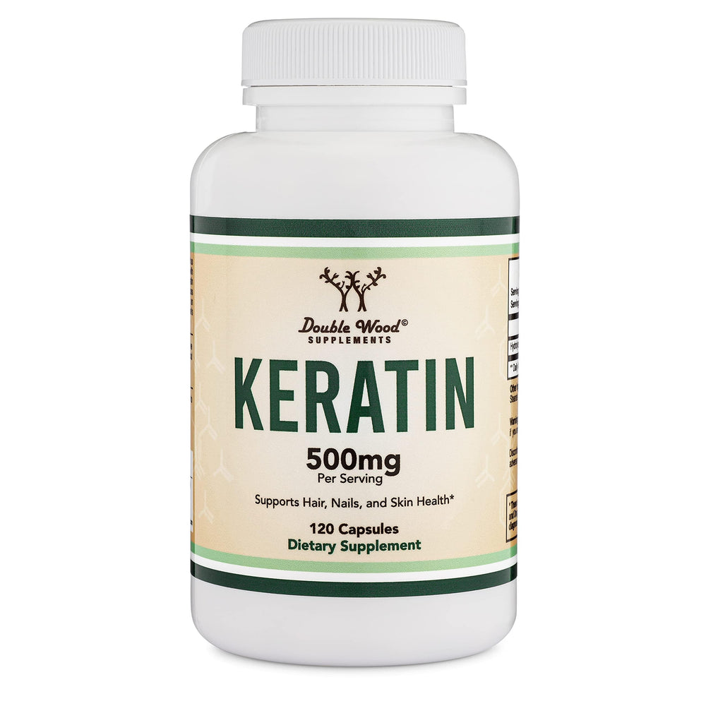 Lifestyle scene of Double Wood keratin bottle on bathroom counter signaling daily routine support