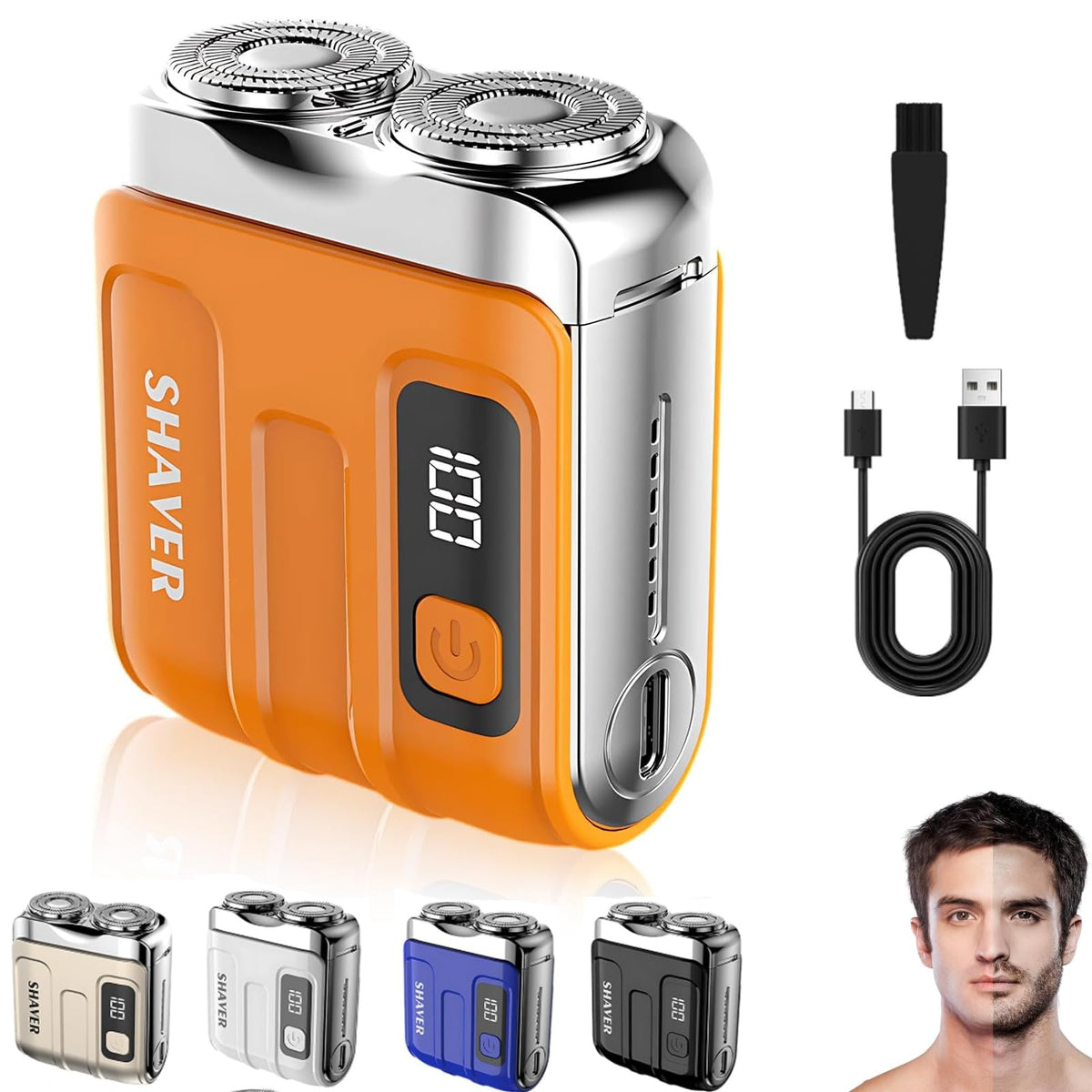 DOUNIU front view of orange shaver showing compact design and brand visibility for portability