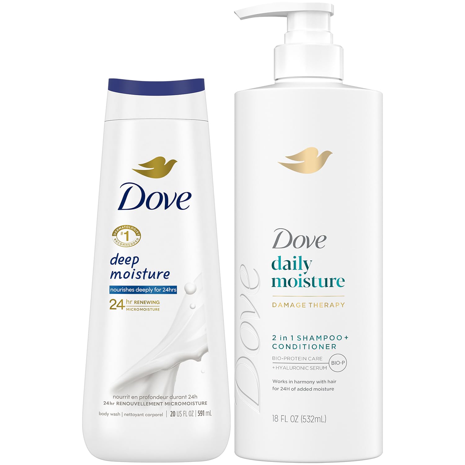 Dove 2-in-1 shampoo and conditioner front showing bottle and benefit of simplified hydration