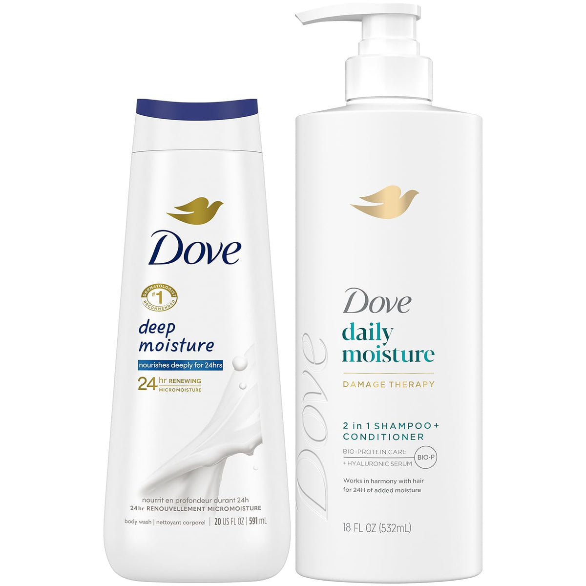 Dove 2-in-1 shampoo and conditioner front showing bottle and benefit of simplified hydration