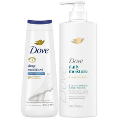 Dove 2-in-1 shampoo and conditioner front showing bottle and benefit of simplified hydration
