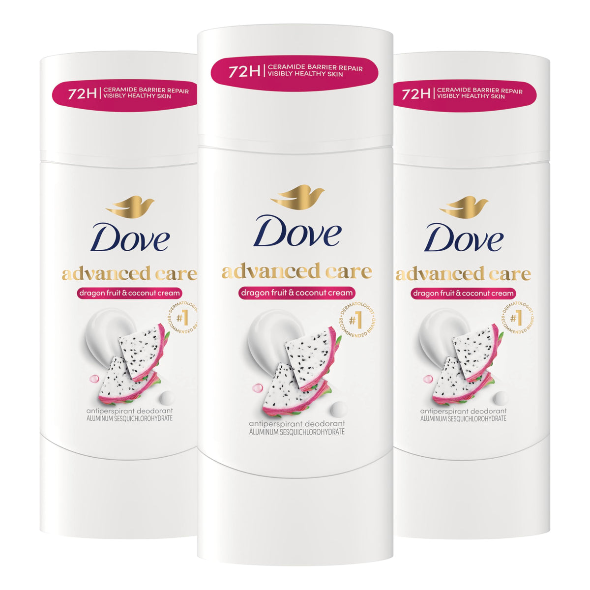 Dove front packaging showing dragon fruit coconut scent and 3-pack benefit