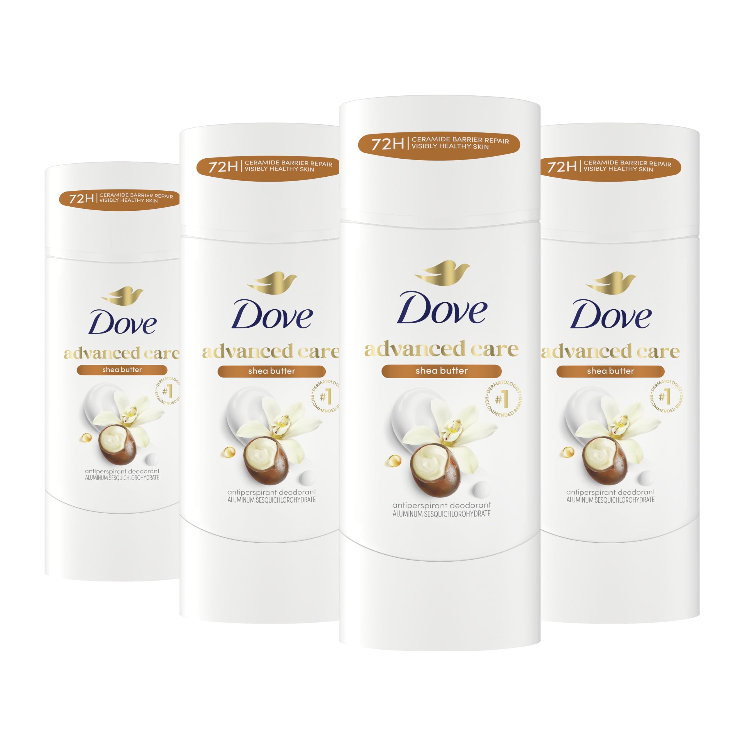 Dove front packaging showing shea butter scent and 72-hour protection benefit