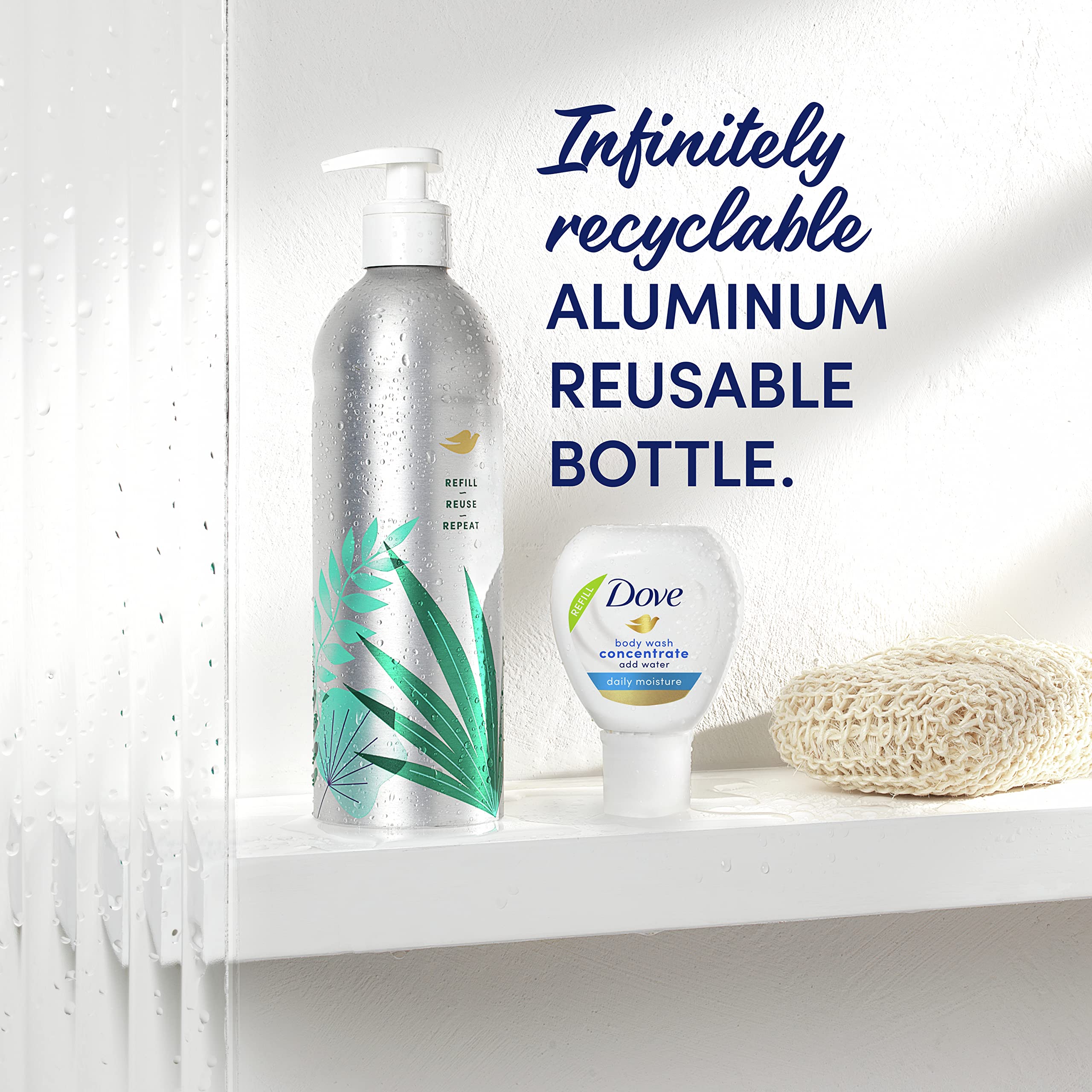 Dove aluminum reusable bottle next to concentrate for refill pairing