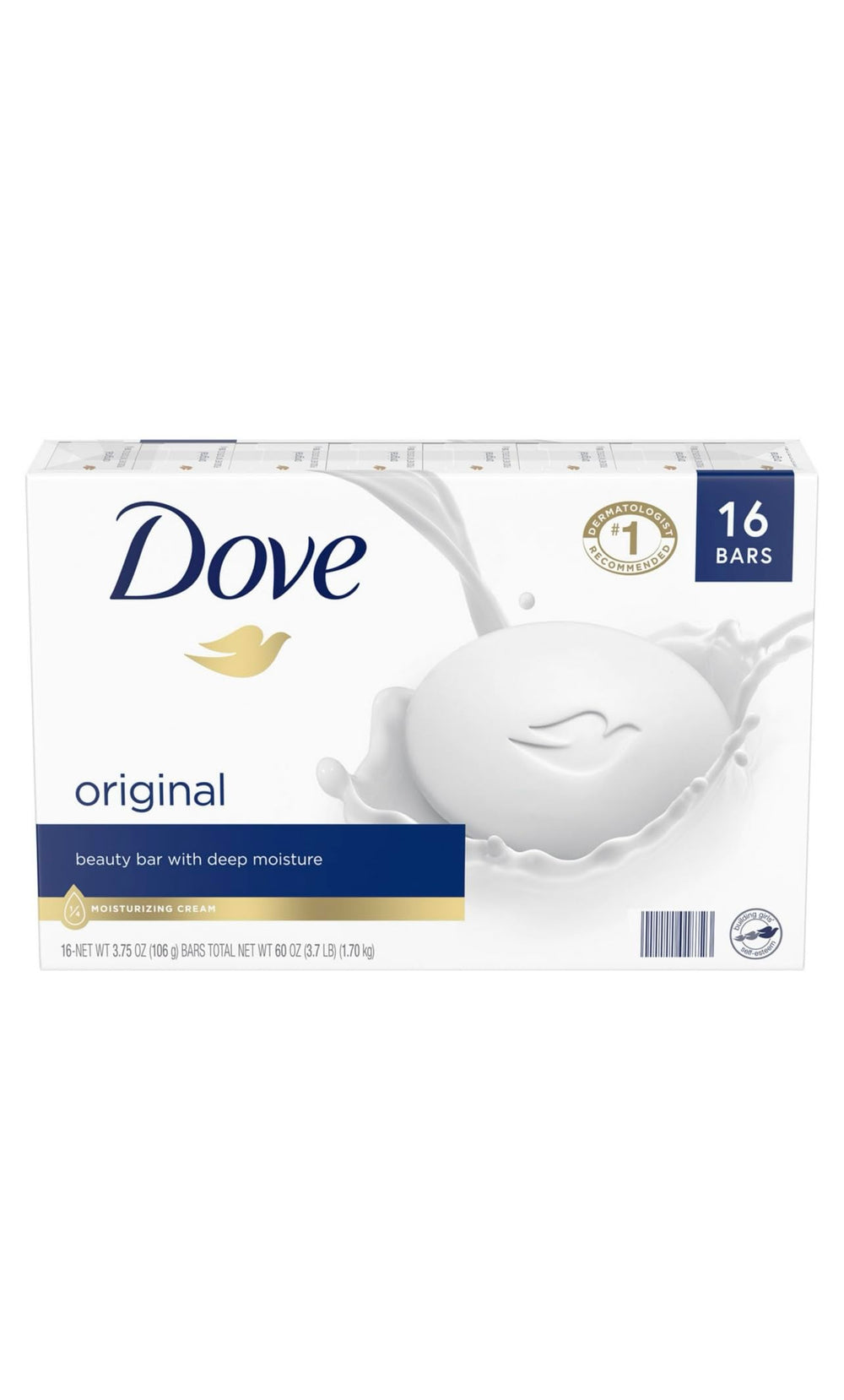 Dove bar front packaging showing 16 bars and brand for value