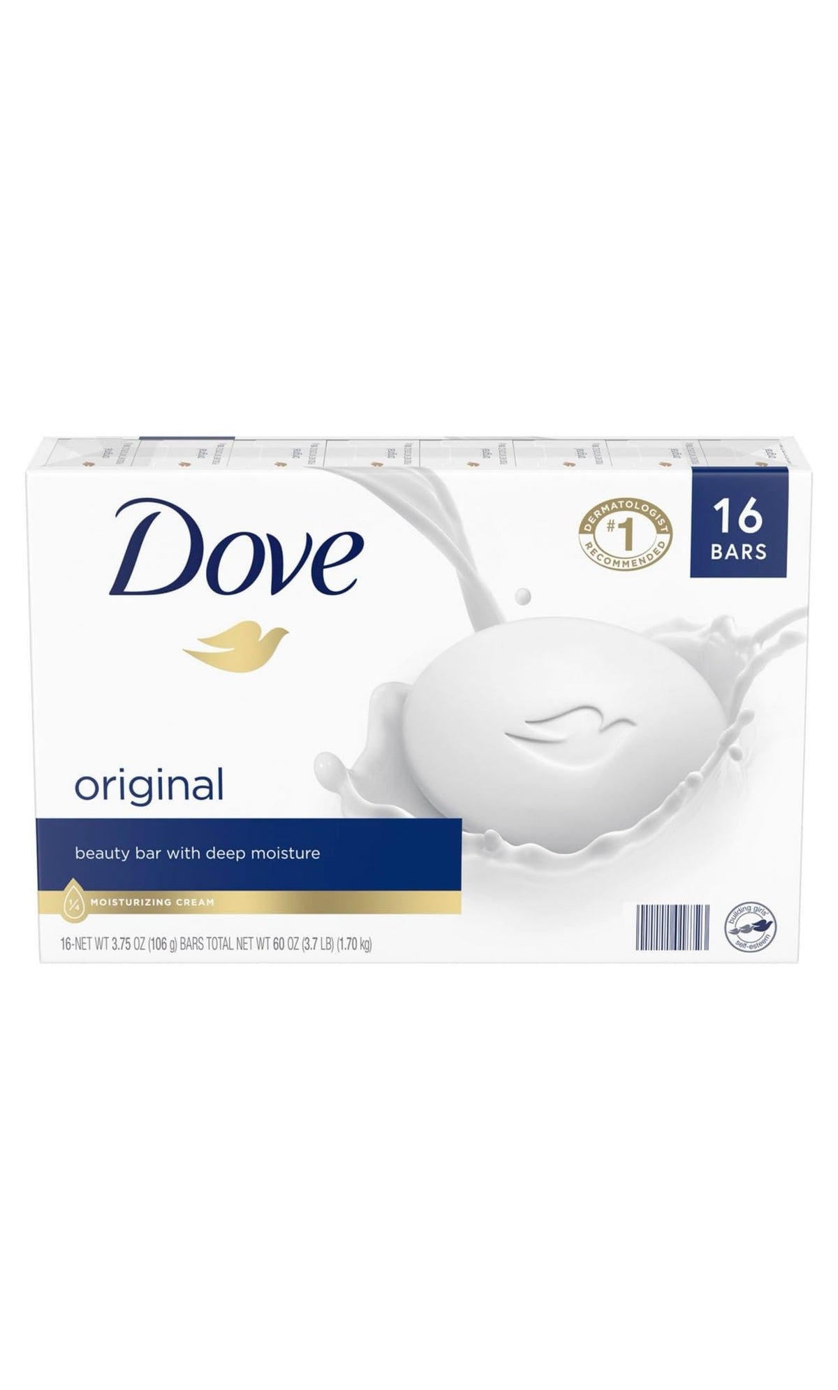 Dove bar front packaging showing 16 bars and brand for value