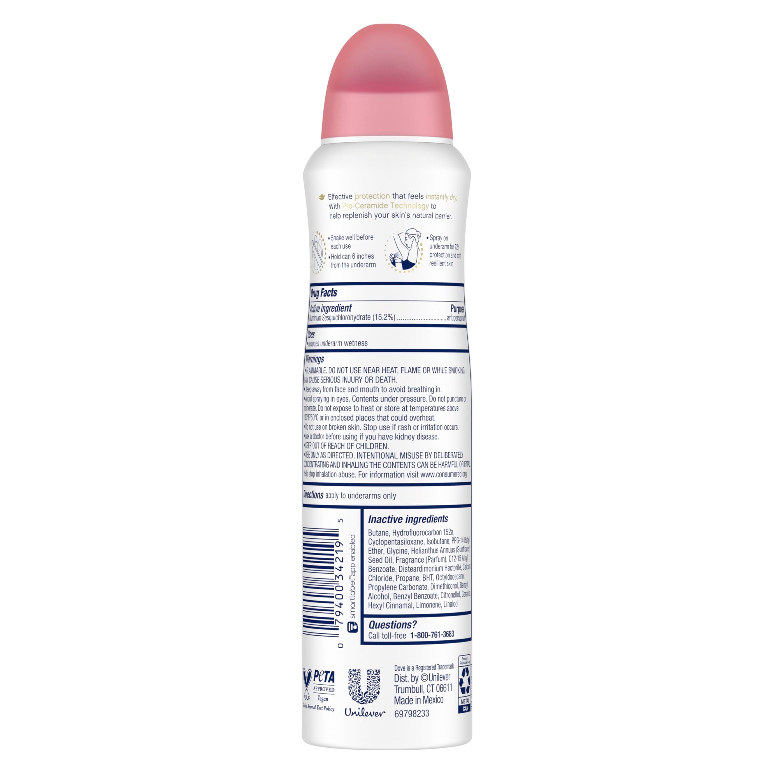 Dove back label close-up showing ingredients and benefit of skin care
