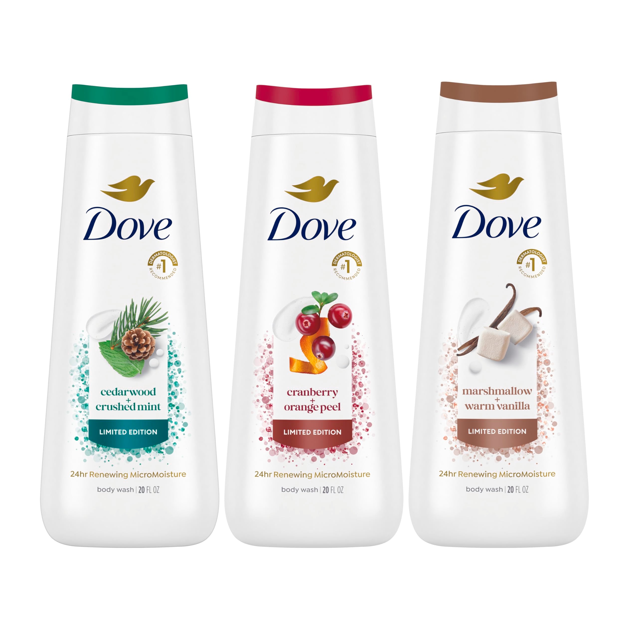 Dove body wash front packshot showing bottle and clean label, promotes gentle hydration