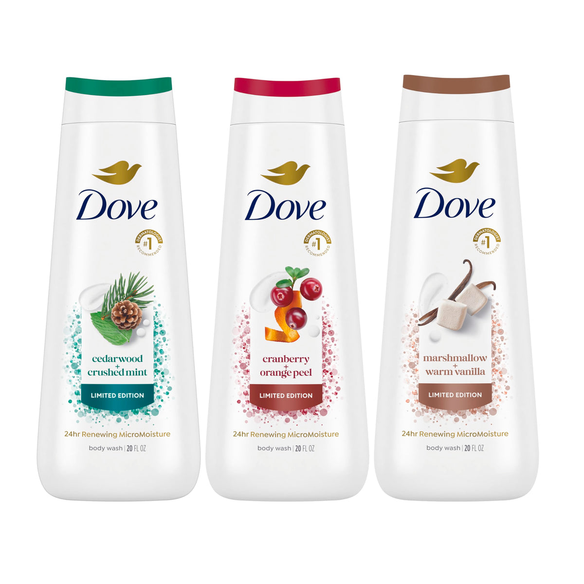 Dove body wash front packshot showing bottle and clean label, promotes gentle hydration