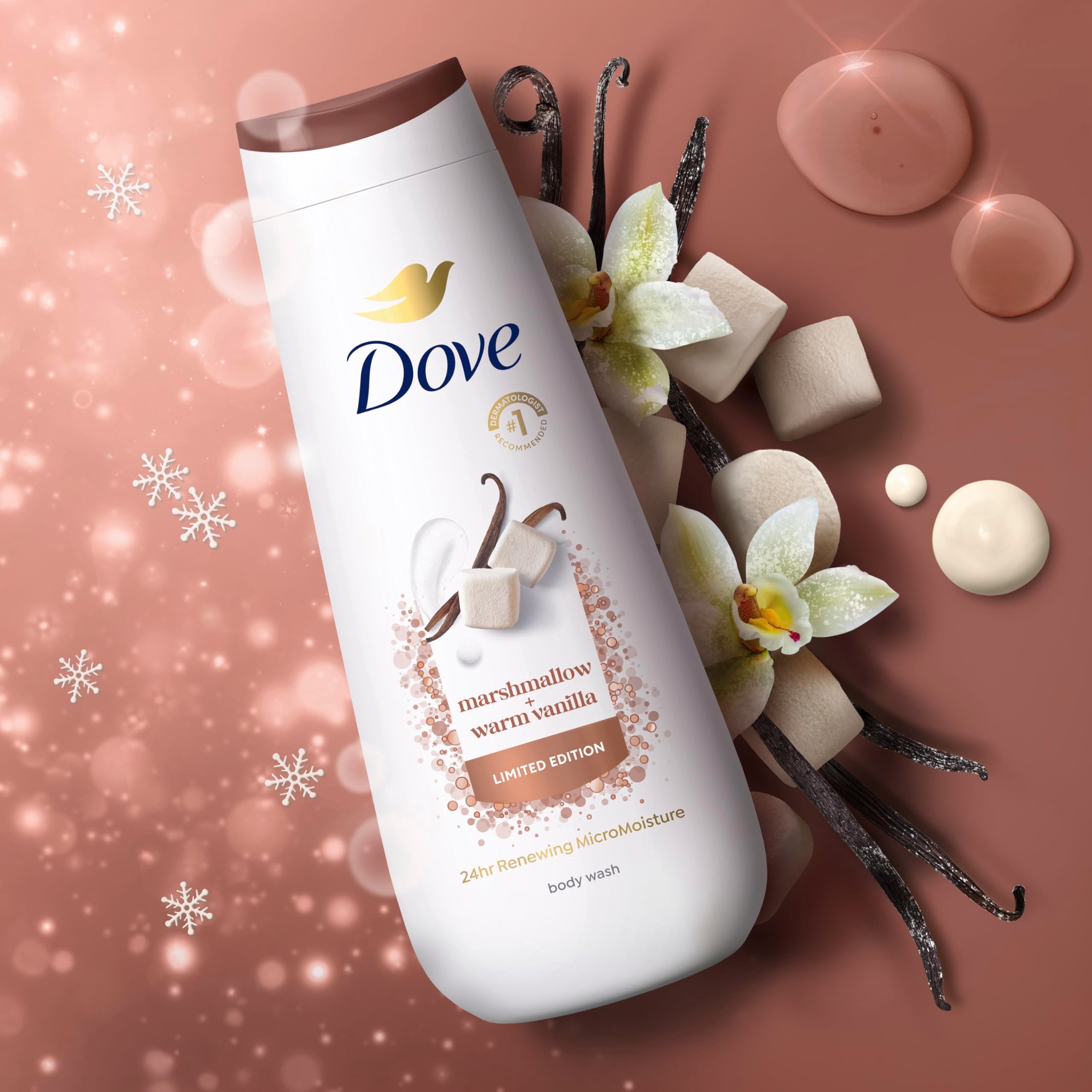 Dove body wash three bottles on a bath shelf showing mixed pack convenience