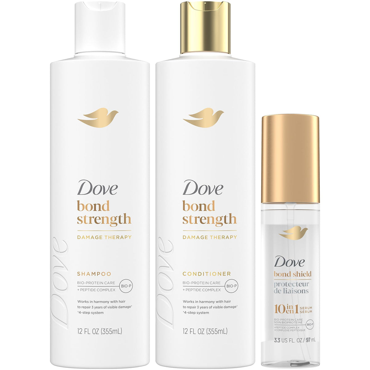 Dove Bond Repair front packaging showing complete three-piece kit and clear benefit