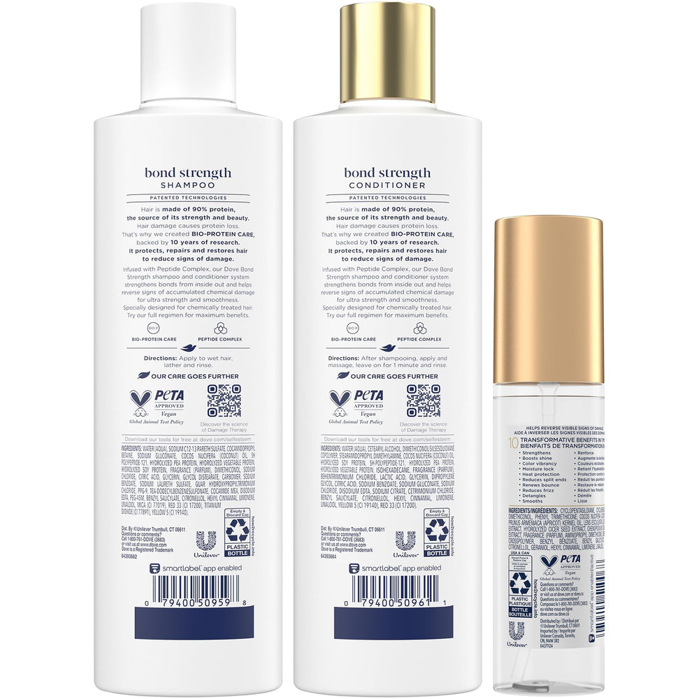 Dove shampoo label close-up highlighting bond repair formula and peptide complex