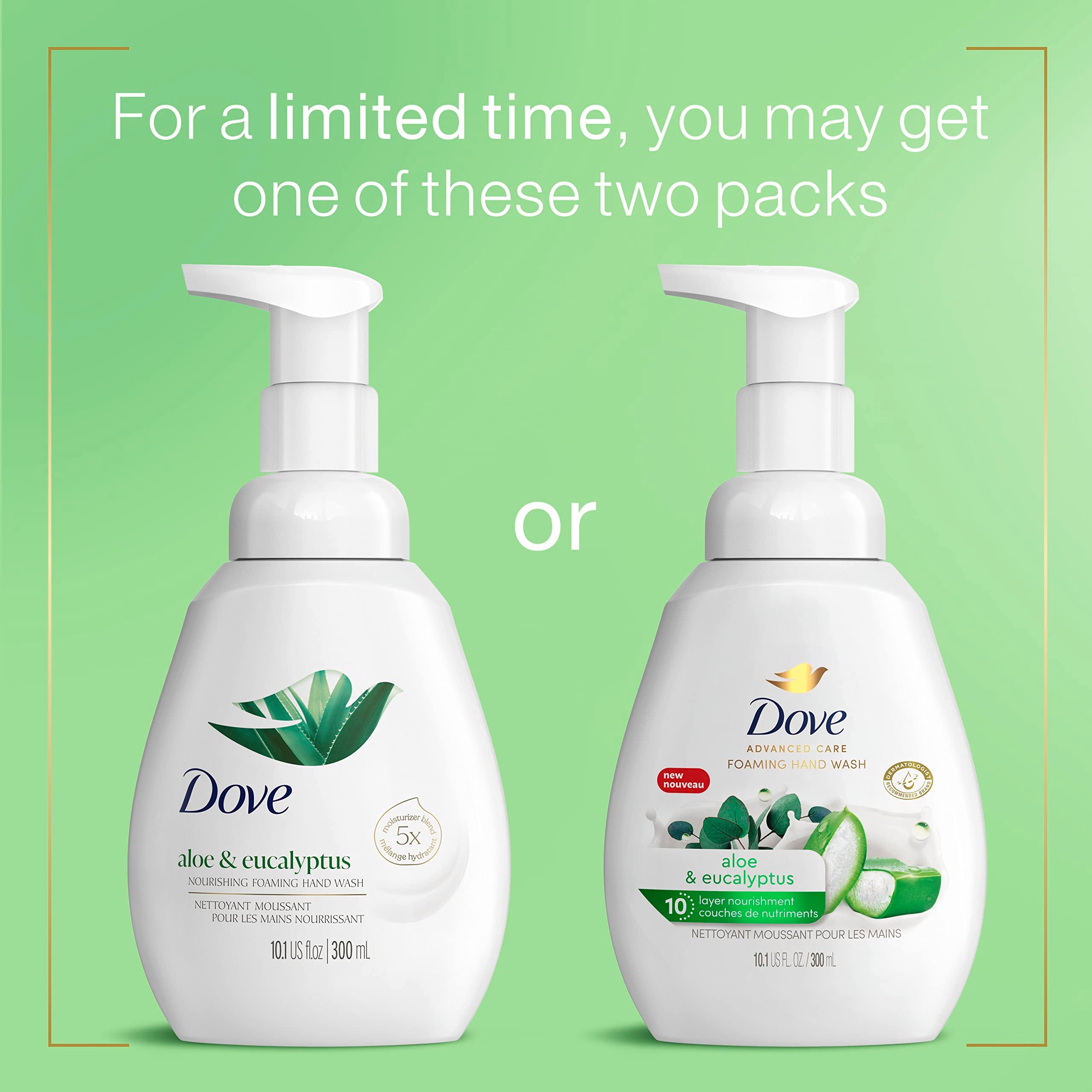 Dove bottle label focused on aloe and eucalyptus, communicating calming skin benefits
