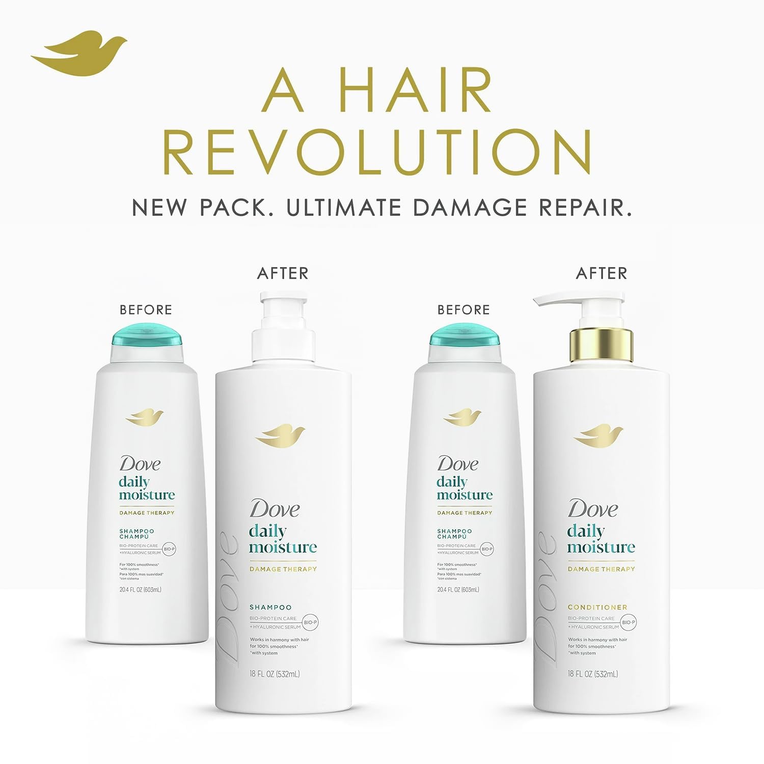 Dove three-piece set stacked in shower portraying complete hair and skin care routine