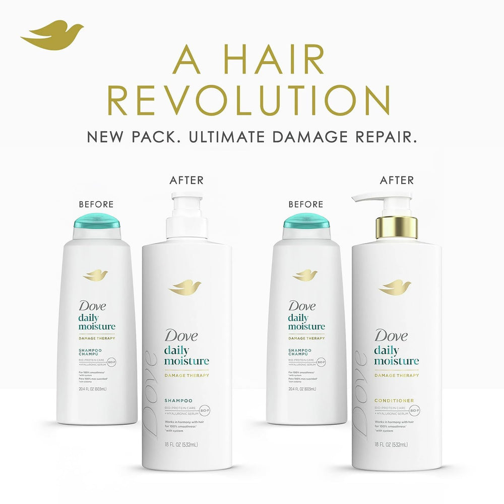 Dove three-piece set stacked in shower portraying complete hair and skin care routine