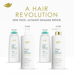 Dove three-piece set stacked in shower portraying complete hair and skin care routine